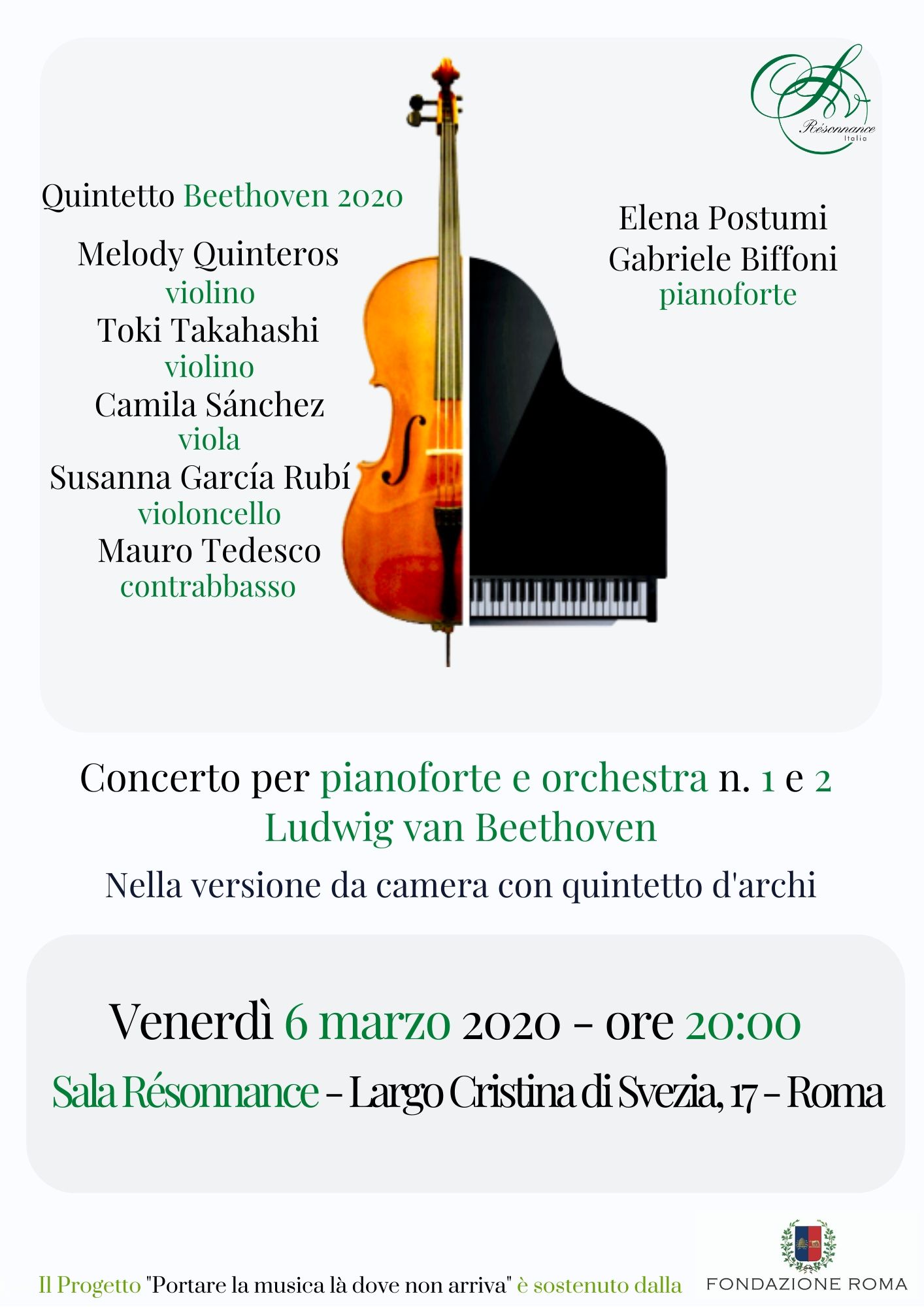 Concerto n°1 e 2 di Beethoven con Elena Postumi e Gabriele Biffoni ed il Quintetto Beethoven 2020
