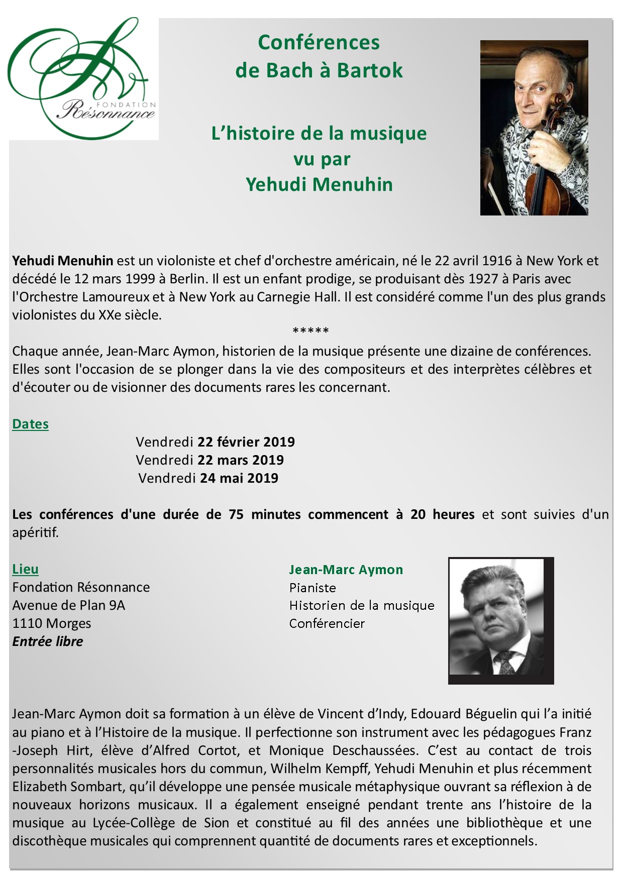 Soirée conférence - L'histoire de la musique vu par Yehudi Menuhin